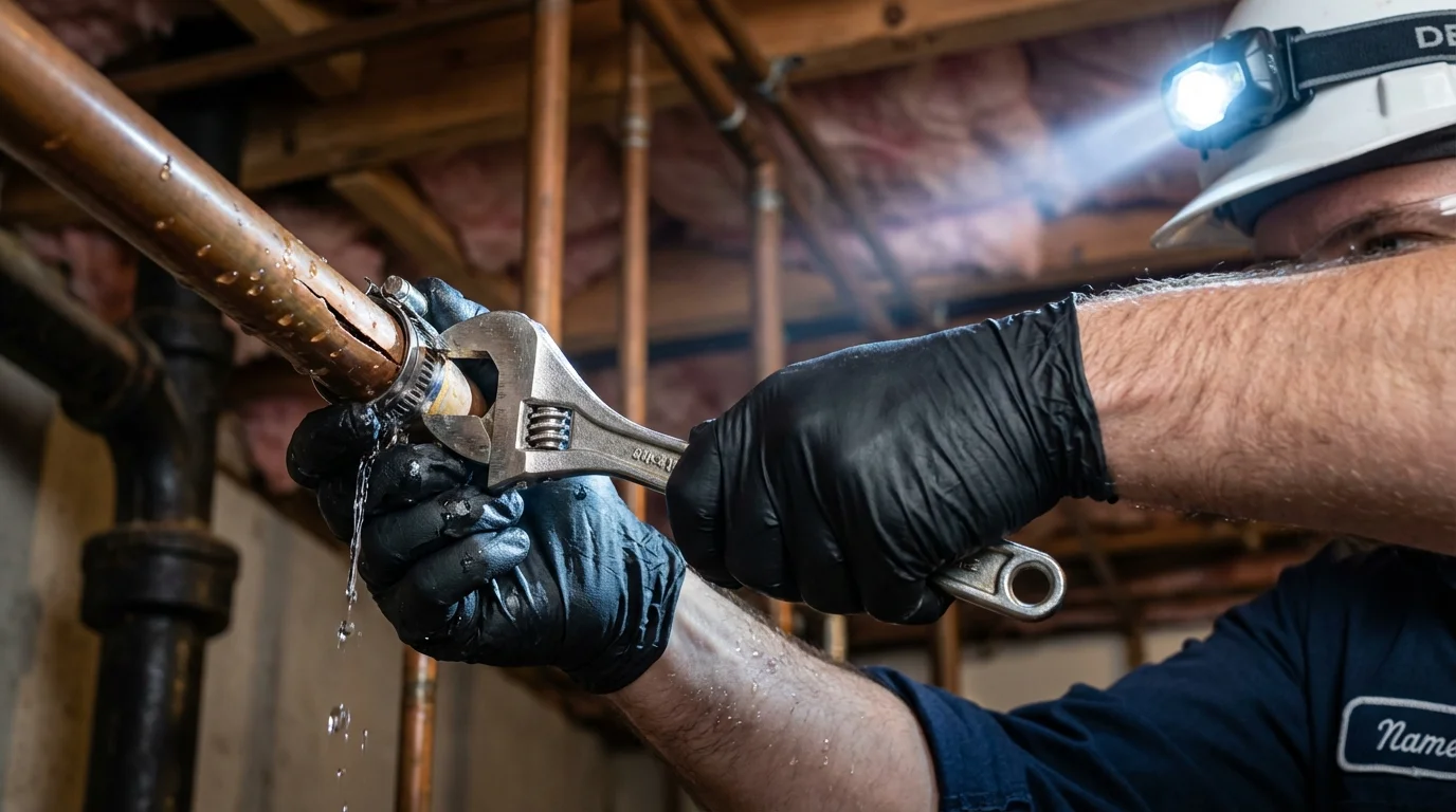 Emergency pipe clamp repair being performed by a Johns Plumbing LLC plumber in Fosston