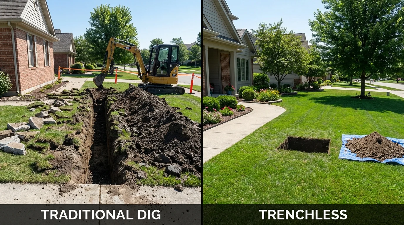 Trenchless sewer repair with minimal yard damage versus traditional excavation in Fosston, MN