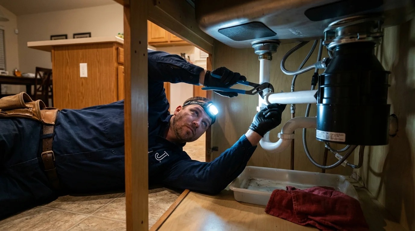 P-trap and supply line connections under a kitchen sink showing a common leak point in Fosston, MN